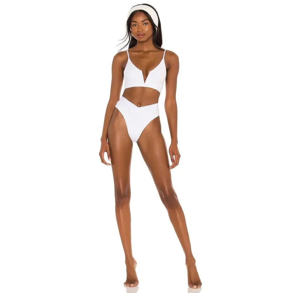 L*Space Court Bitsy Bikini Bottom White High Waisted Ribbed XS New With Tags!